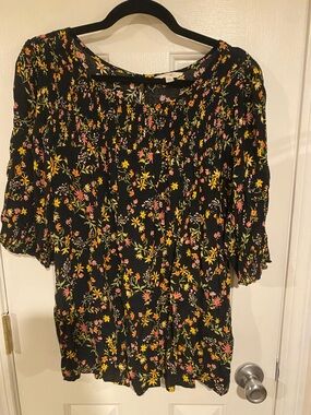 Terra & Sky Black Floral Smocked Peasant Top with Pink & Yellow Accents